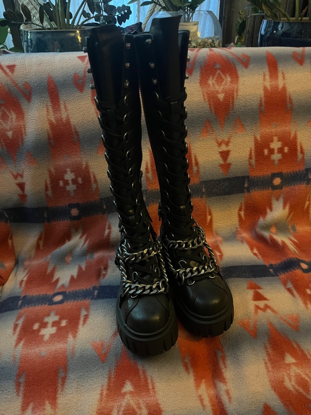 Dolls Kill Black Lace-Up Over-The-Knee Platform Boots with Chain
